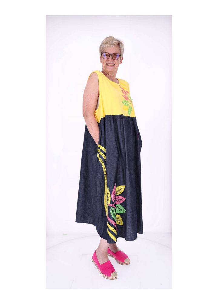 Kleid ohne Arm Materialmix dark Jeans Jersey Print