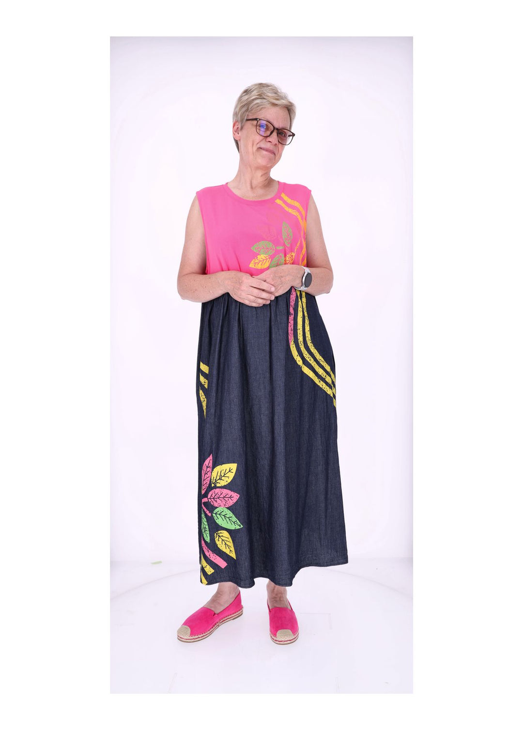 Kleid ohne Arm Materialmix dark Jeans Jersey Print