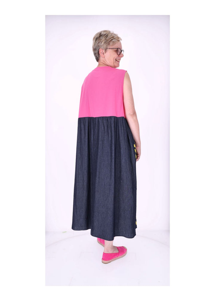 Kleid ohne Arm Materialmix dark Jeans Jersey Print