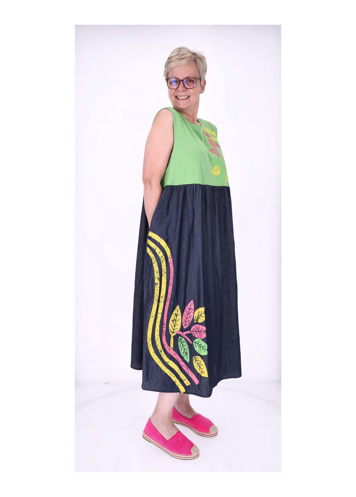 Kleid ohne Arm Materialmix dark Jeans Jersey Print