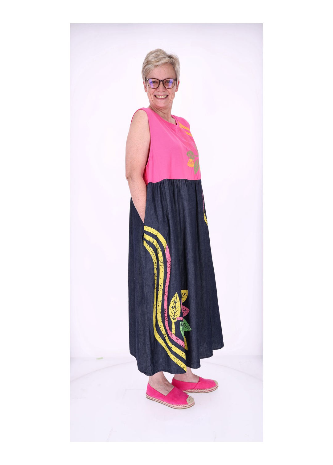 Kleid ohne Arm Materialmix dark Jeans Jersey Print