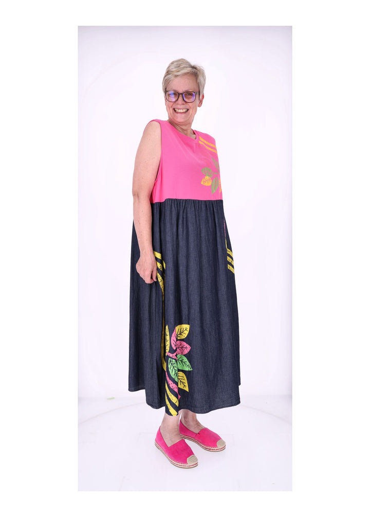 Kleid ohne Arm Materialmix dark Jeans Jersey Print
