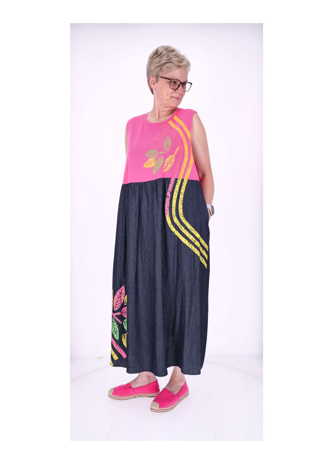 Kleid ohne Arm Materialmix dark Jeans Jersey Print