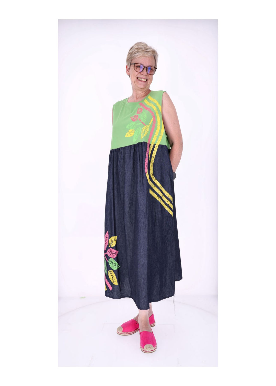 Kleid ohne Arm Materialmix dark Jeans Jersey Print