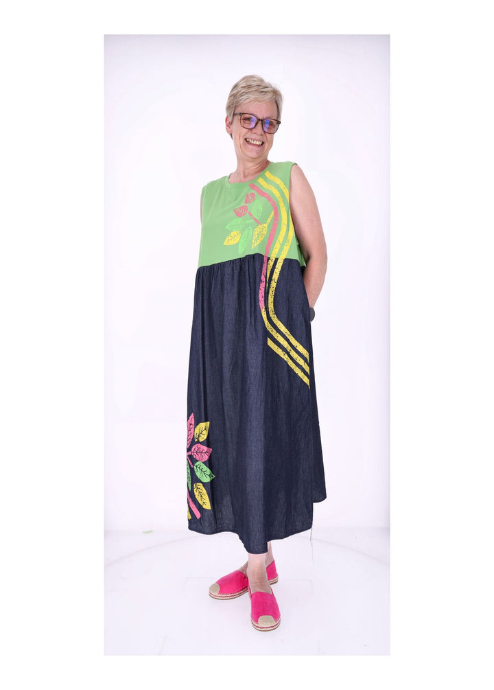 Kleid ohne Arm Materialmix dark Jeans Jersey Print