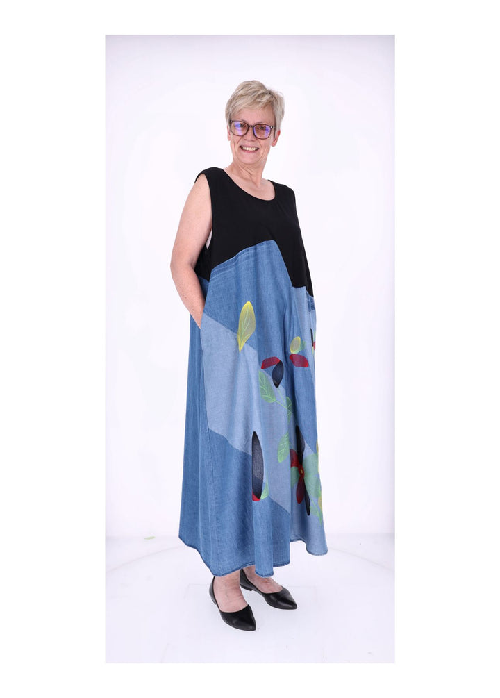 Kleid Maxi ohne Arm Materialmix Jeans Jersey Stickerei