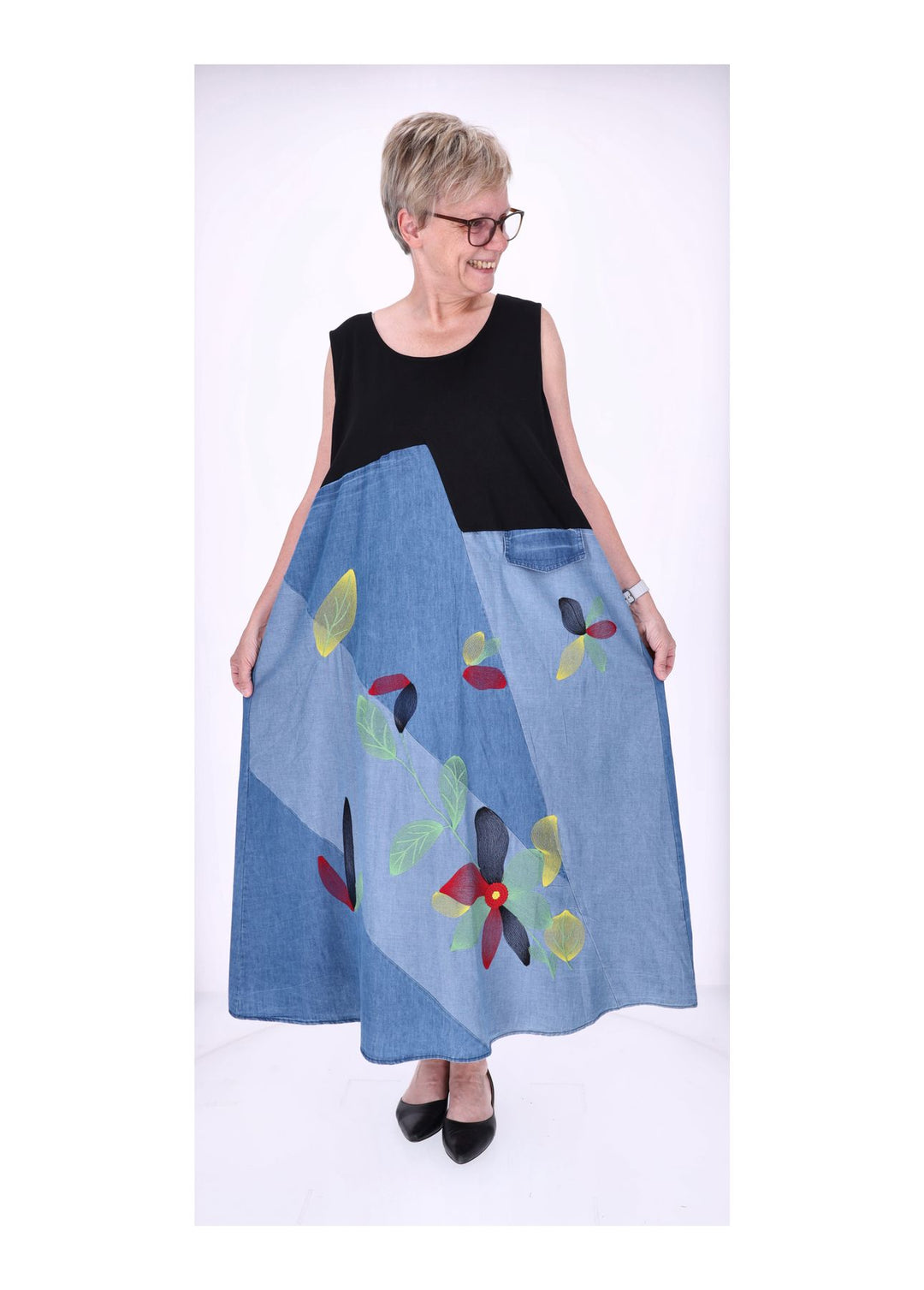 Kleid Maxi ohne Arm Materialmix Jeans Jersey Stickerei
