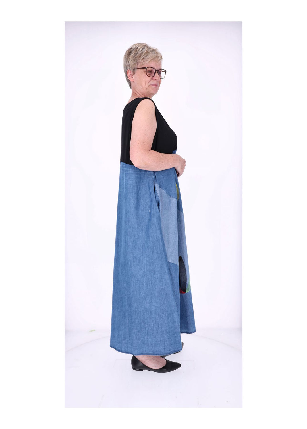 Kleid Maxi ohne Arm Materialmix Jeans Jersey Stickerei