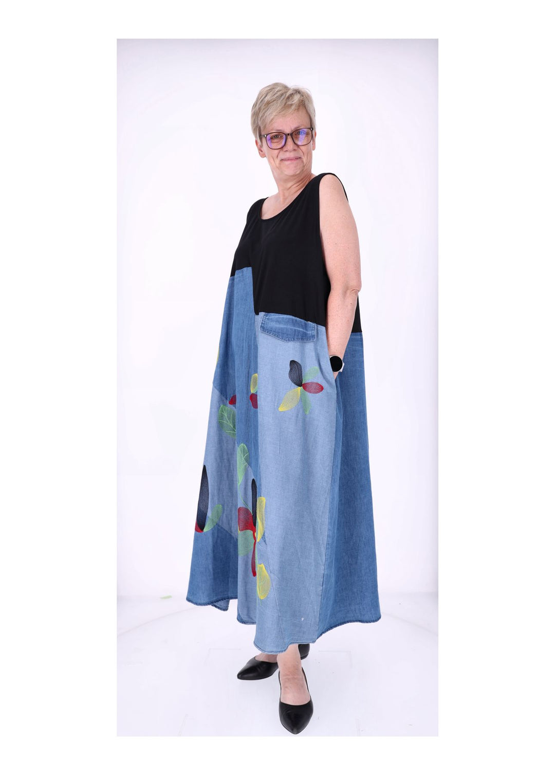 Kleid Maxi ohne Arm Materialmix Jeans Jersey Stickerei