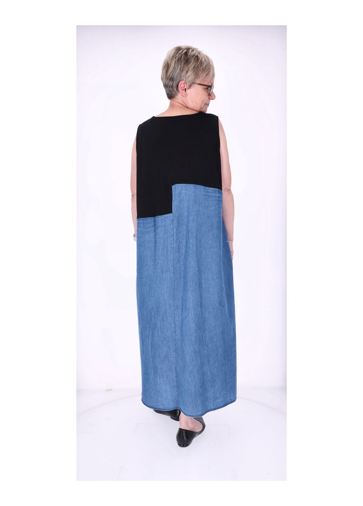 Kleid Maxi ohne Arm Materialmix Jeans Jersey Stickerei