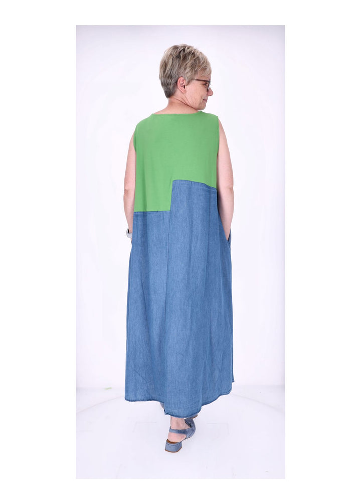 Kleid Maxi ohne Arm Materialmix Jeans Jersey Stickerei