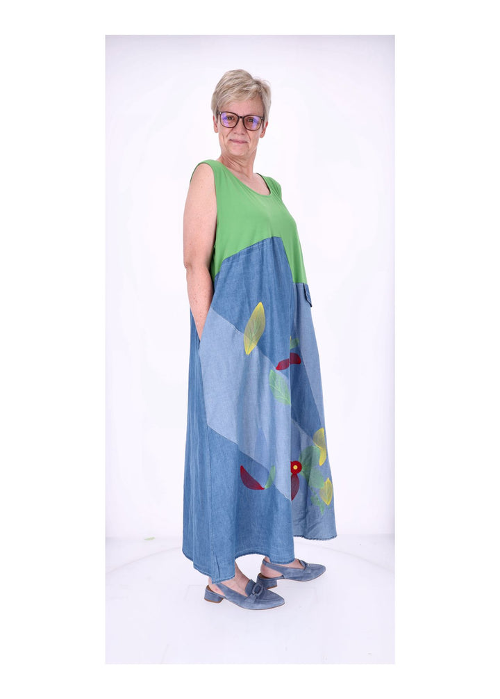Kleid Maxi ohne Arm Materialmix Jeans Jersey Stickerei