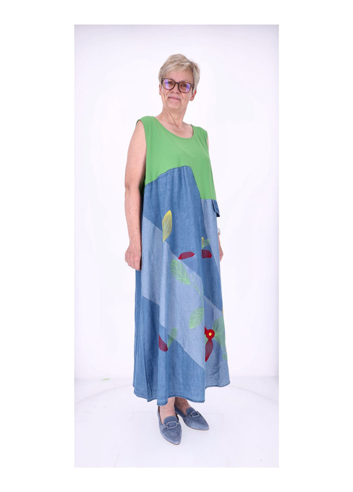 Kleid Maxi ohne Arm Materialmix Jeans Jersey Stickerei