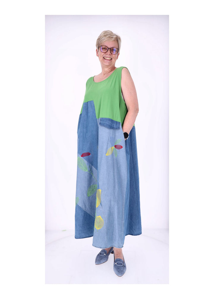 Kleid Maxi ohne Arm Materialmix Jeans Jersey Stickerei