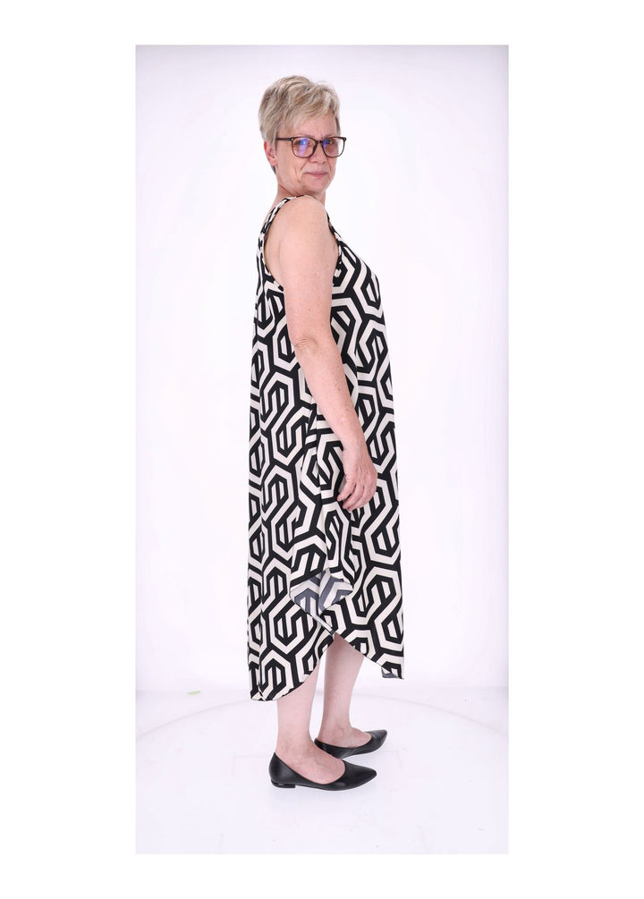 Kleid breite Träger A-Form AOP grafisch groß