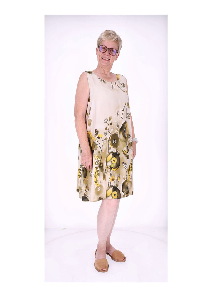 Kleid Damen Knielang A-Form ohne Arm AOP Ranken
