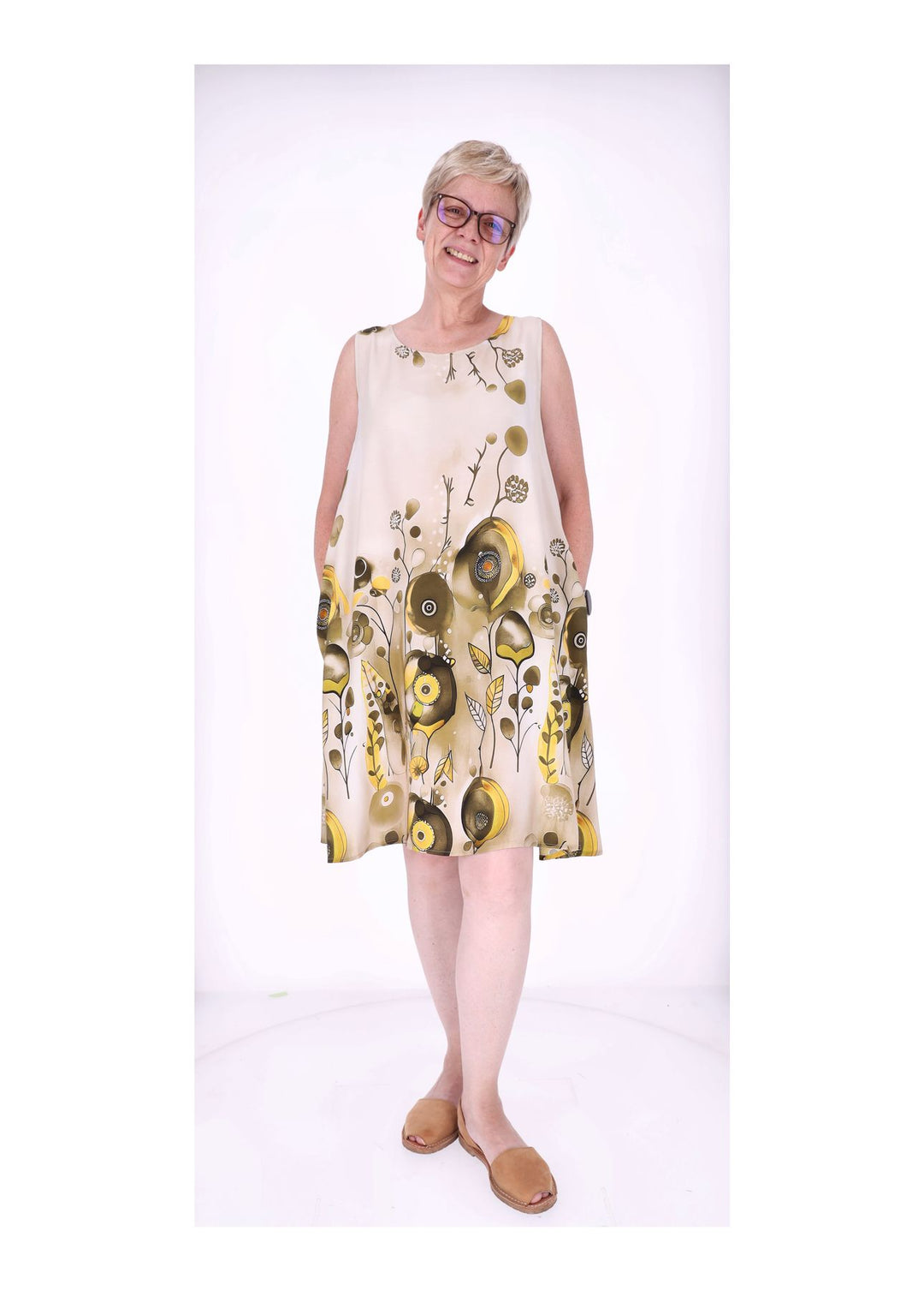 Kleid Damen Knielang A-Form ohne Arm AOP Ranken