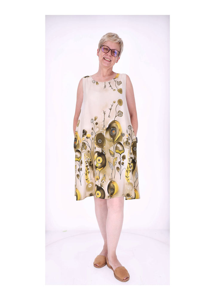 Kleid Damen Knielang A-Form ohne Arm AOP Ranken