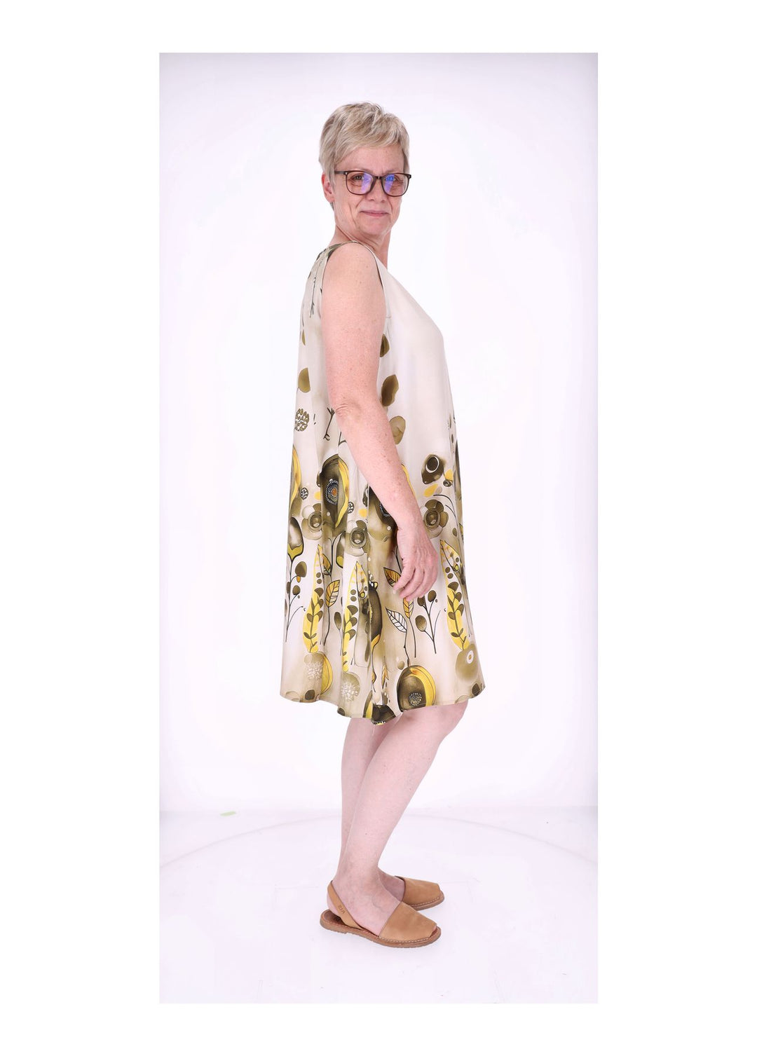 Kleid Damen Knielang A-Form ohne Arm AOP Ranken