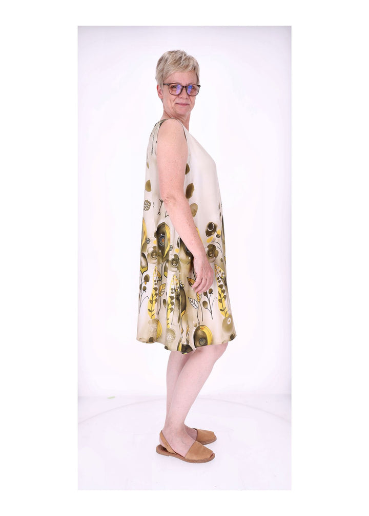Kleid Damen Knielang A-Form ohne Arm AOP Ranken