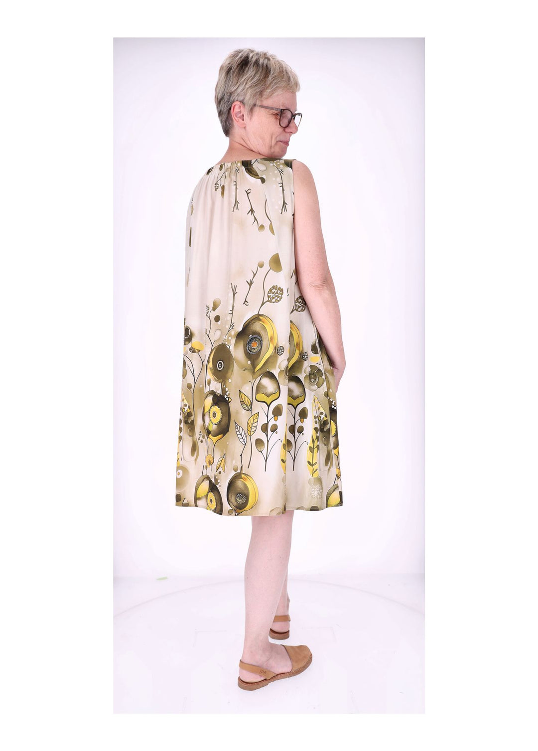 Kleid Damen Knielang A-Form ohne Arm AOP Ranken