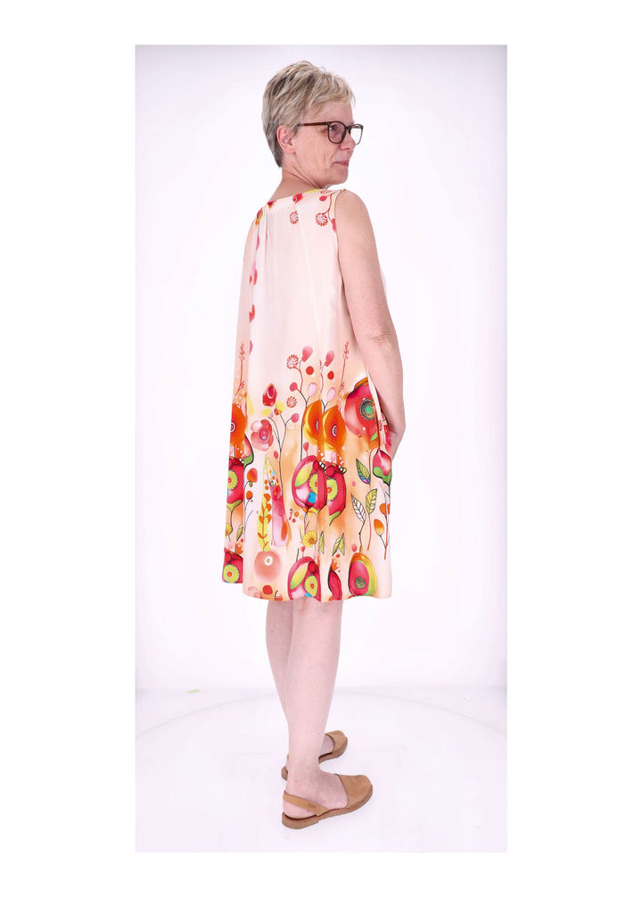 Kleid Damen Knielang A-Form ohne Arm AOP Ranken