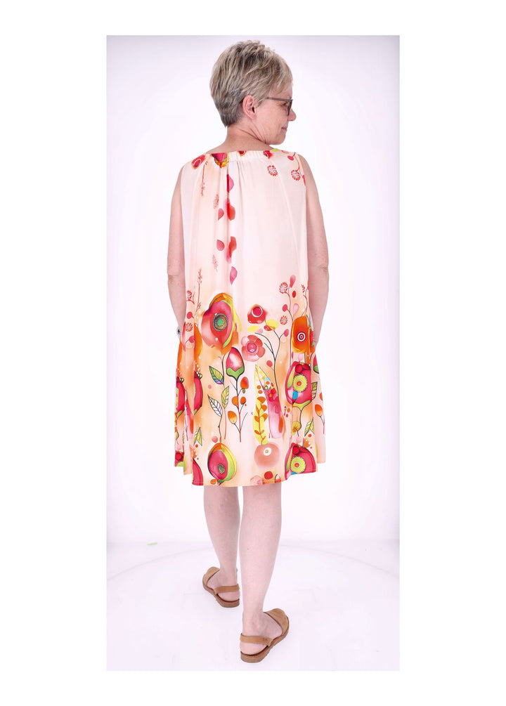 Kleid Damen Knielang A-Form ohne Arm AOP Ranken