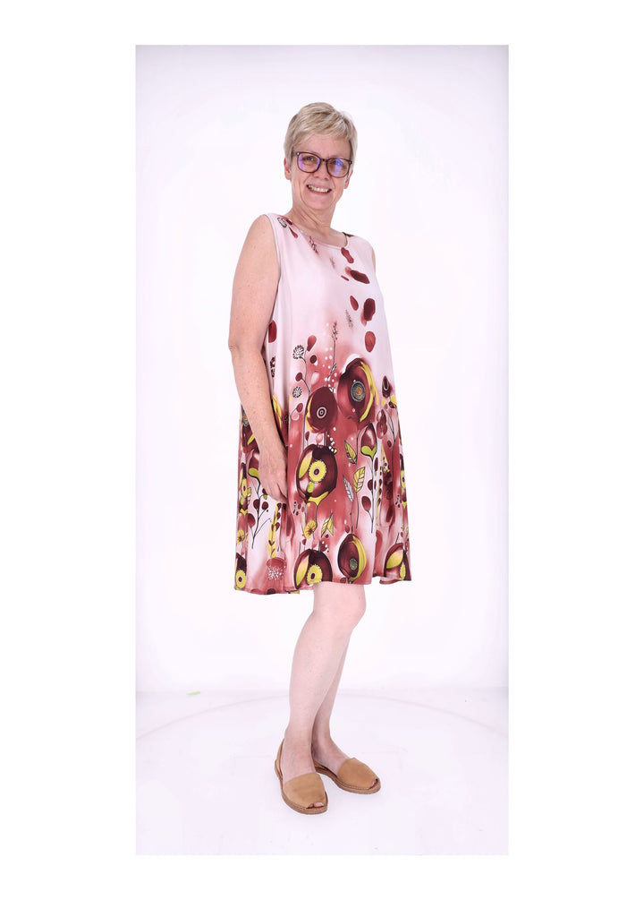 Kleid Damen Knielang A-Form ohne Arm AOP Ranken