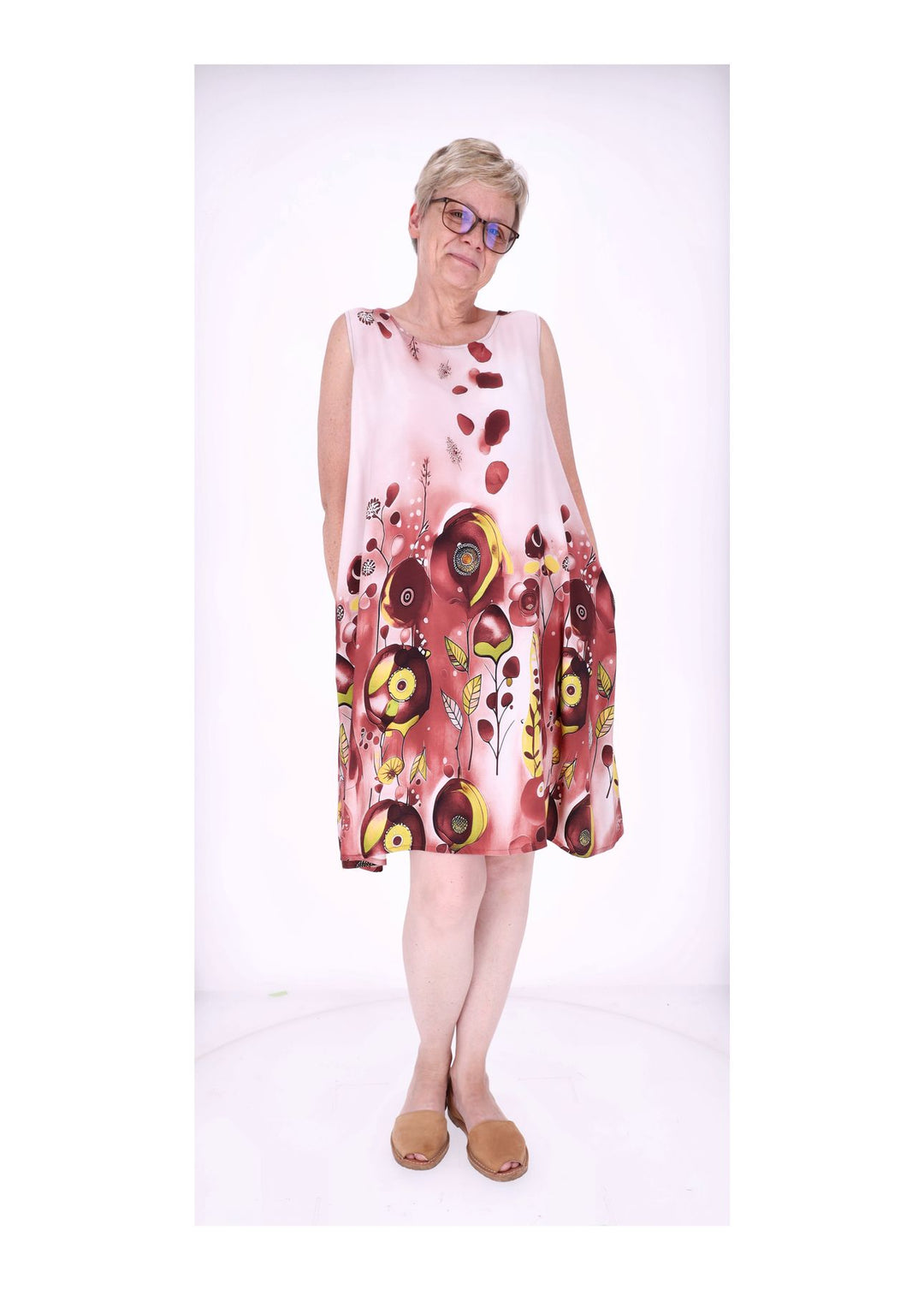 Kleid Damen Knielang A-Form ohne Arm AOP Ranken