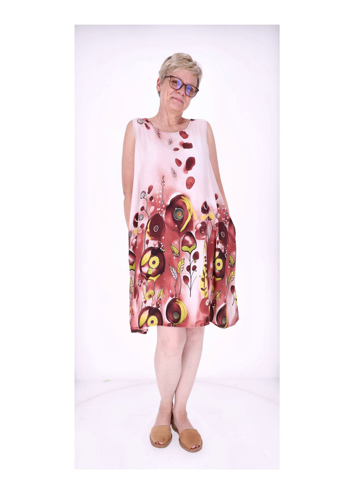Kleid Damen Knielang A-Form ohne Arm AOP Ranken