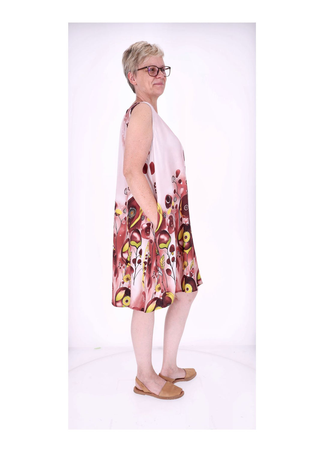 Kleid Damen Knielang A-Form ohne Arm AOP Ranken