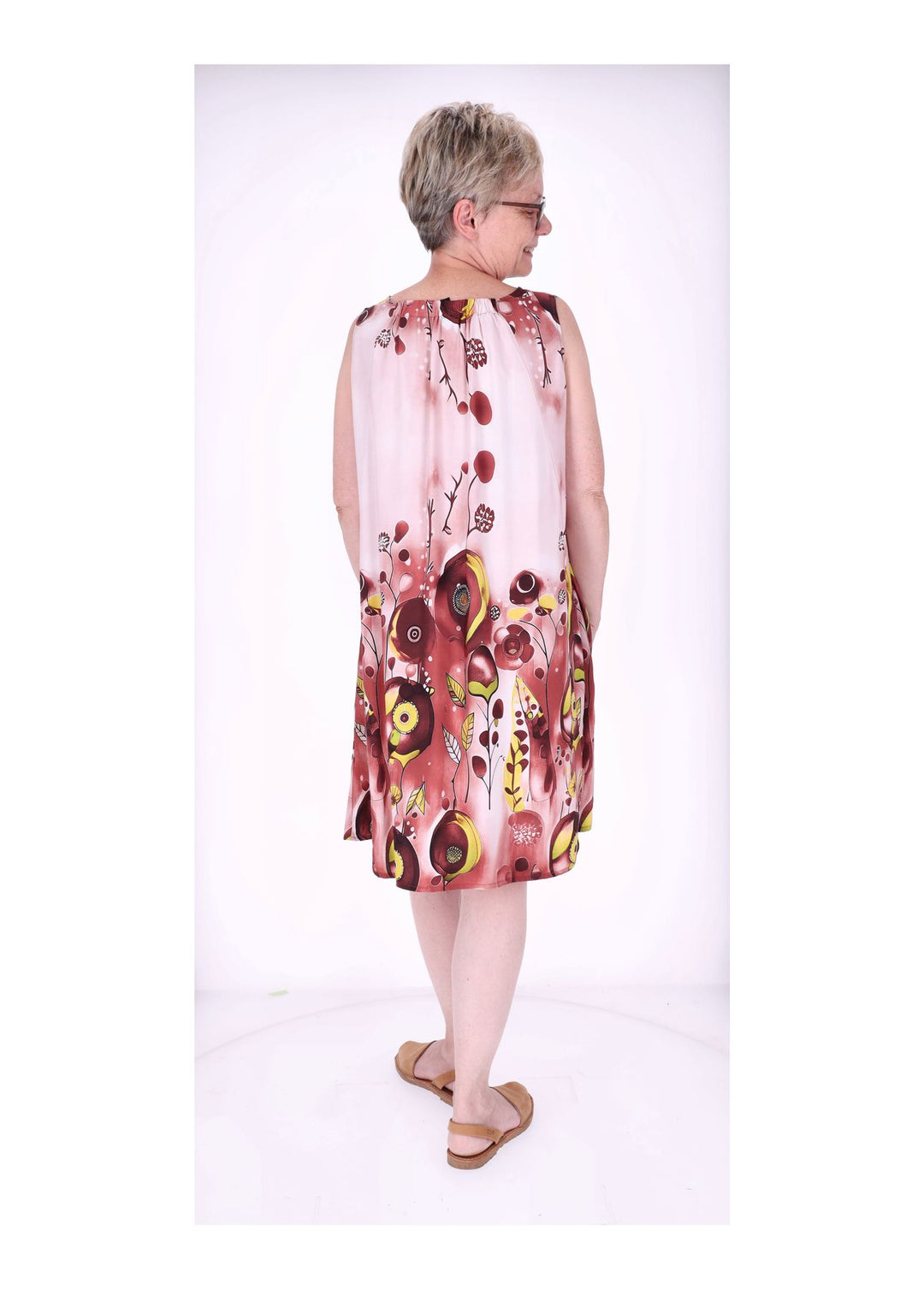 Kleid Damen Knielang A-Form ohne Arm AOP Ranken