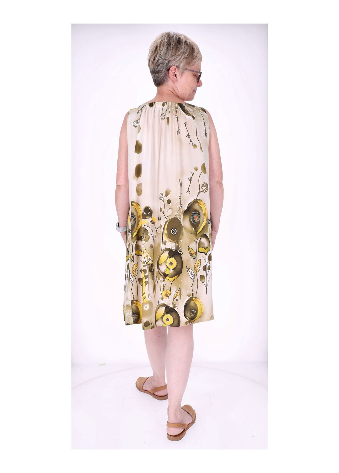 Kleid Damen Knielang A-Form ohne Arm AOP Ranken