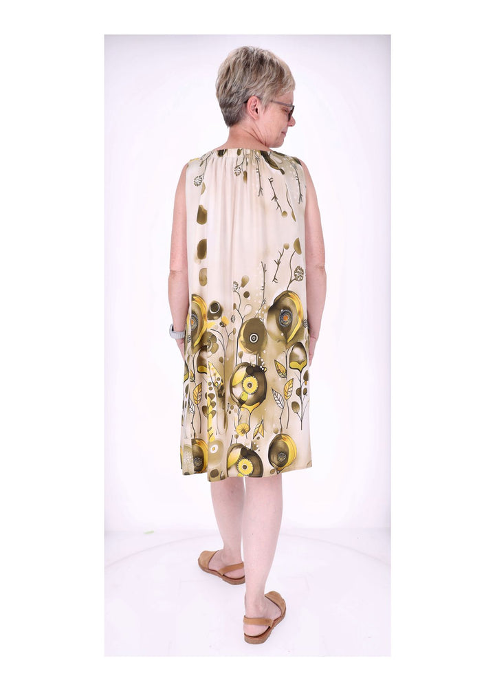 Kleid Damen Knielang A-Form ohne Arm AOP Ranken