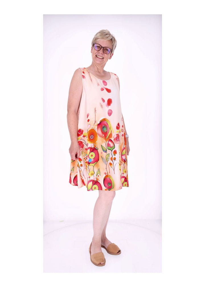 Kleid Damen Knielang A-Form ohne Arm AOP Ranken