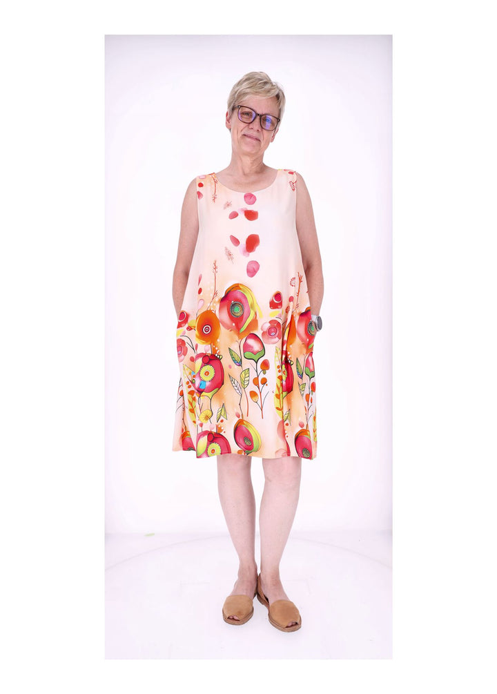 Kleid Damen Knielang A-Form ohne Arm AOP Ranken