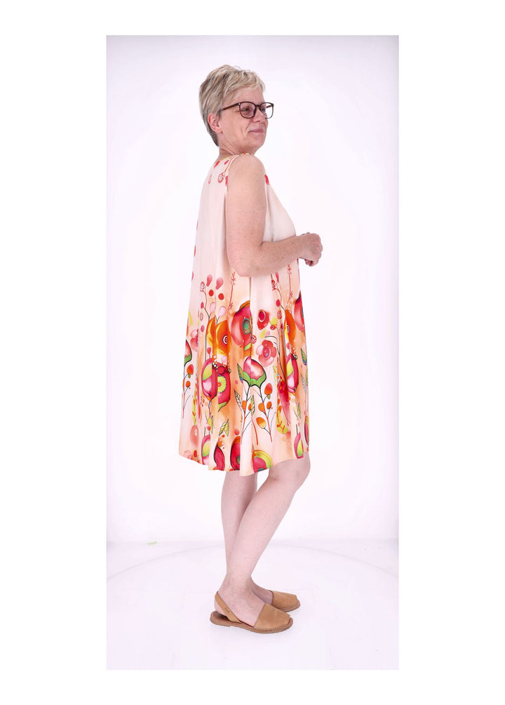 Kleid Damen Knielang A-Form ohne Arm AOP Ranken