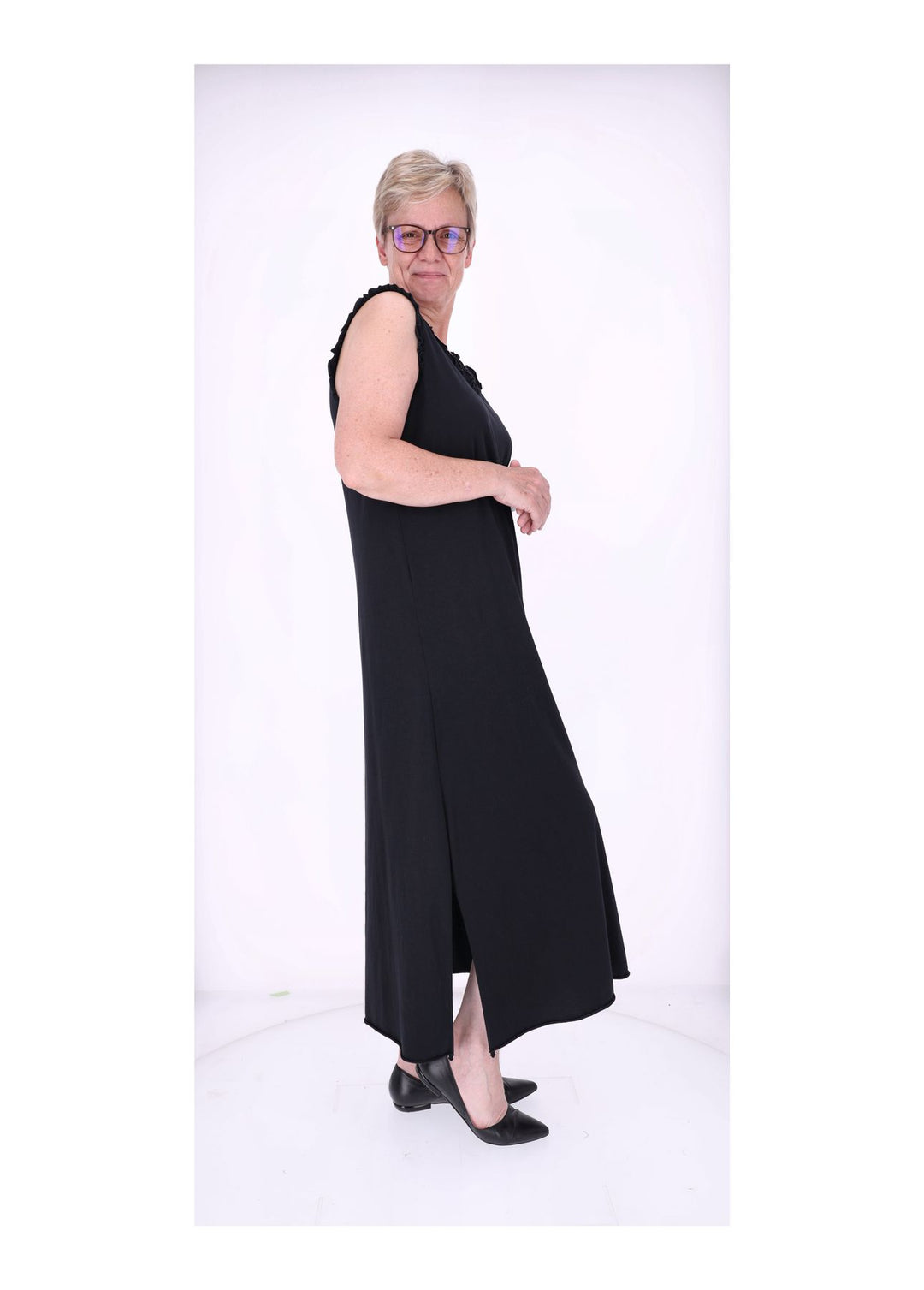Kleid Maxi ohne Arm Schlitz Rüschen