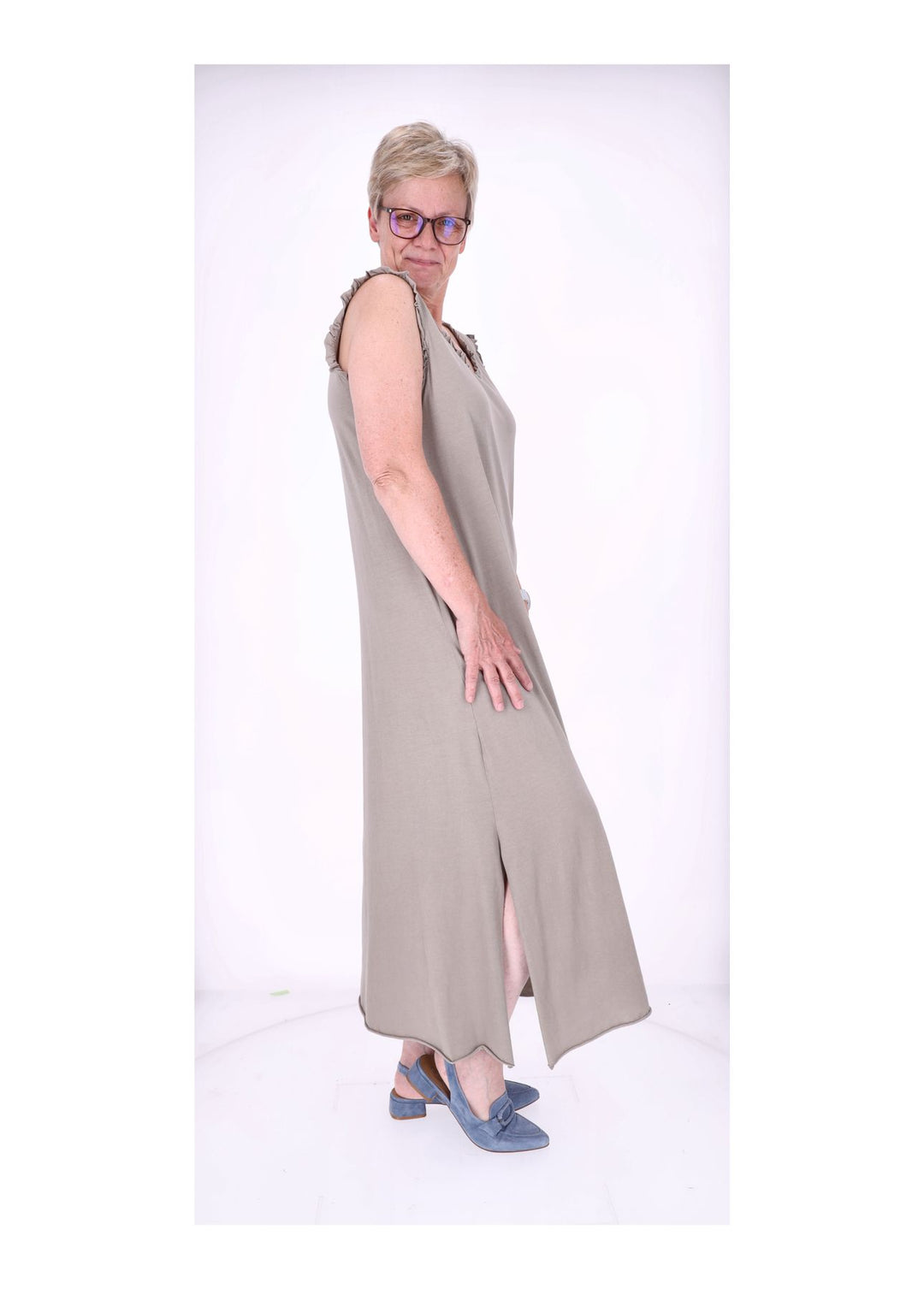 Kleid Maxi ohne Arm Schlitz Rüschen