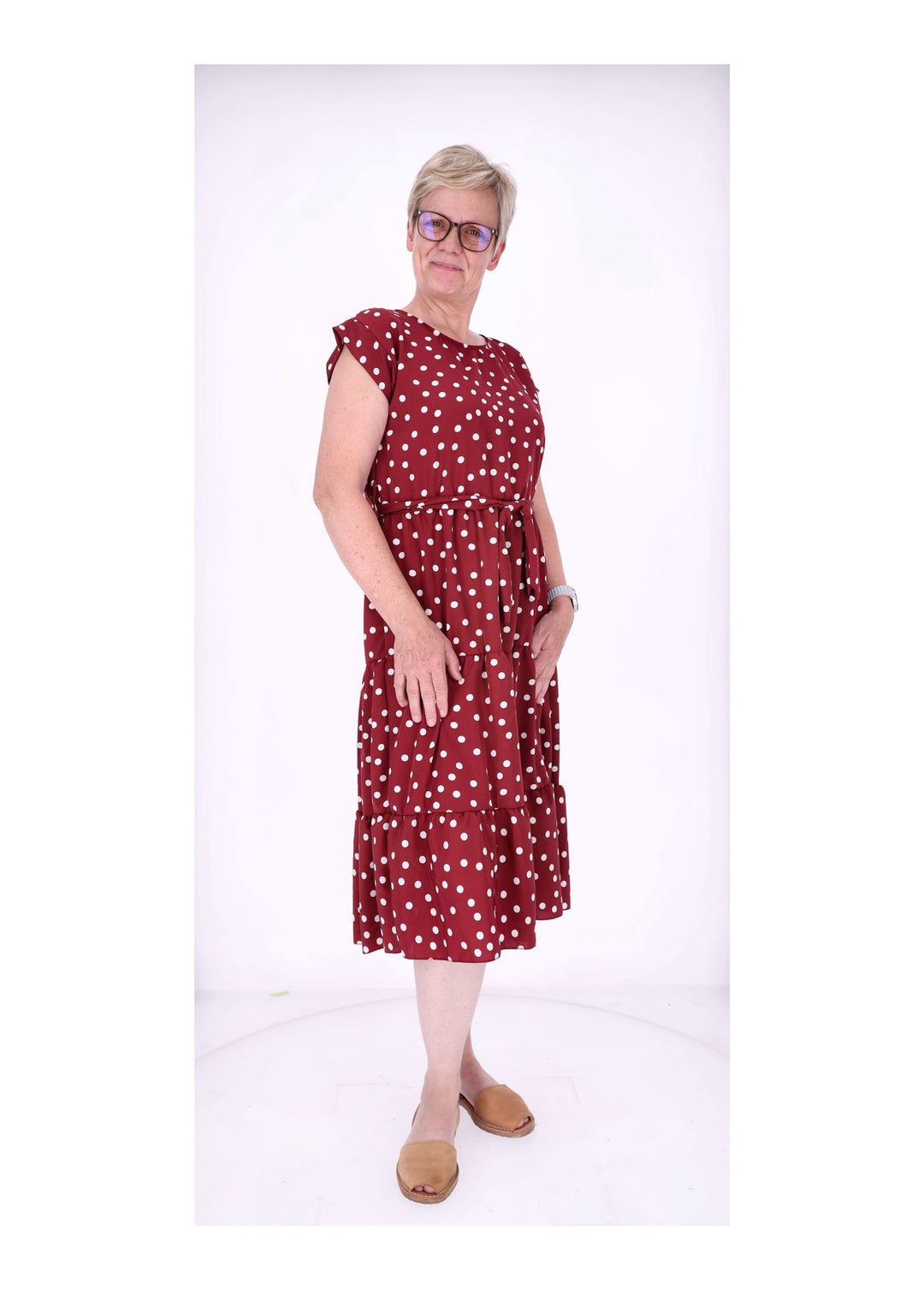 Kleid angeschnittener Arm Stufen Gürtel AOP Punkte