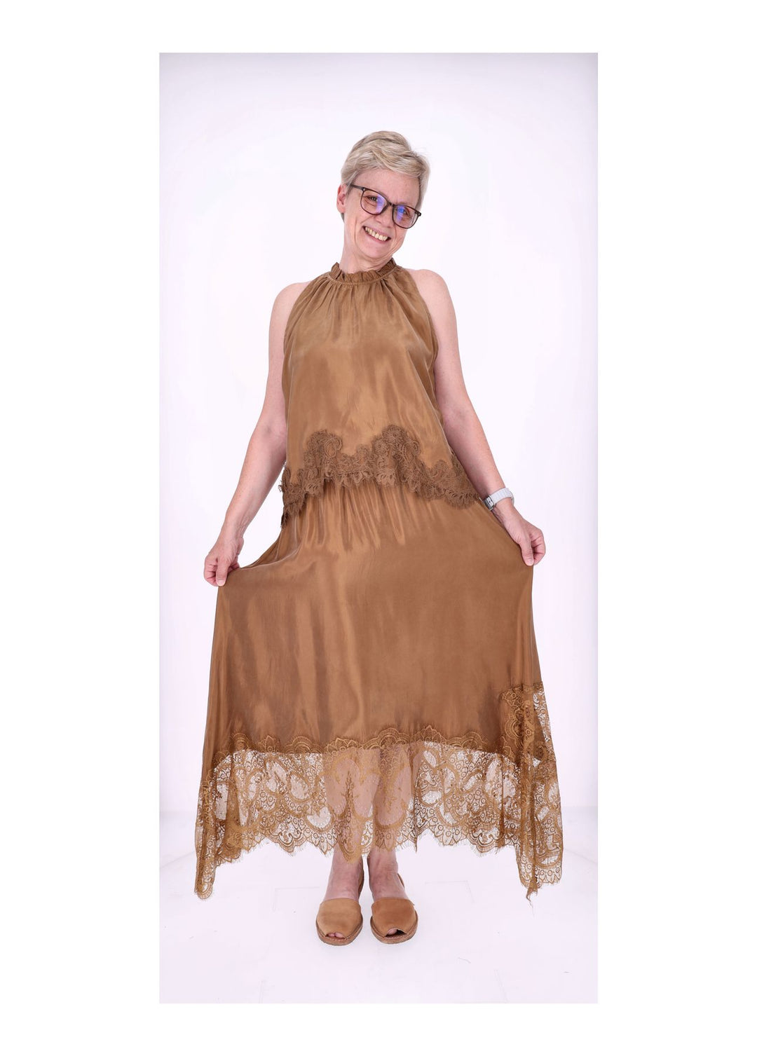 Rock Midi Lingerie Spitze am Saum Gummizug