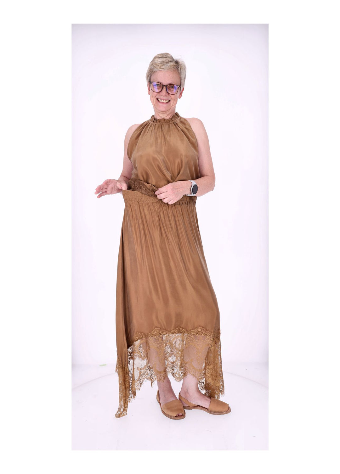 Rock Midi Lingerie Spitze am Saum Gummizug