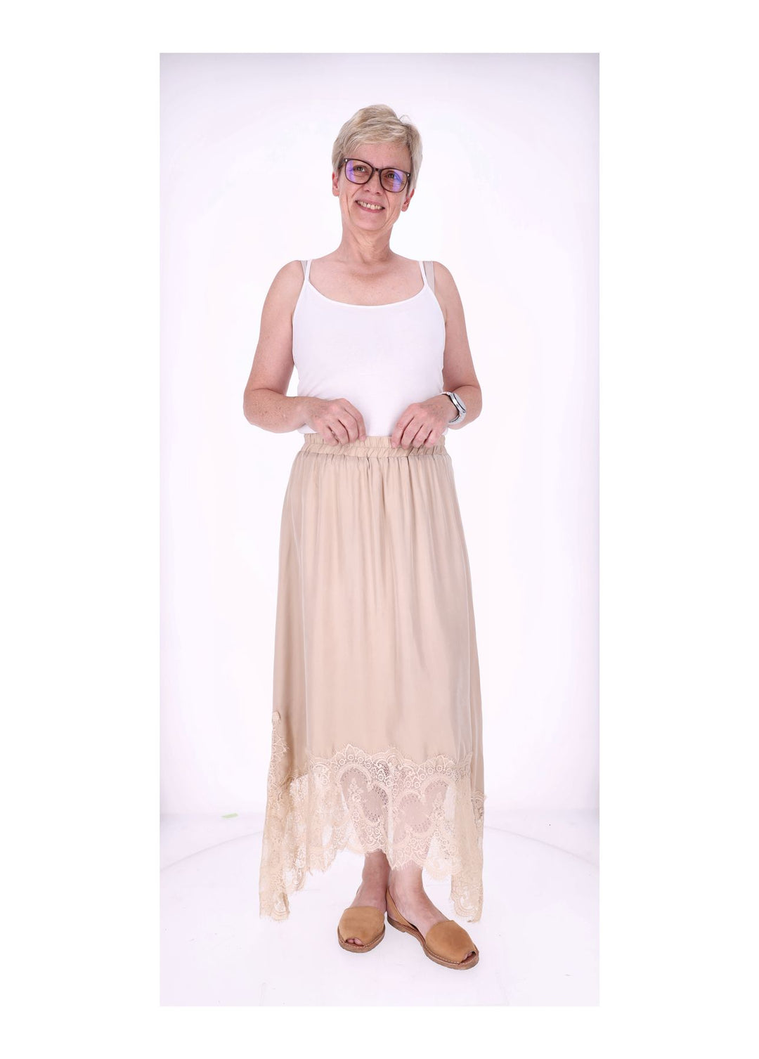 Rock Midi Lingerie Spitze am Saum Gummizug