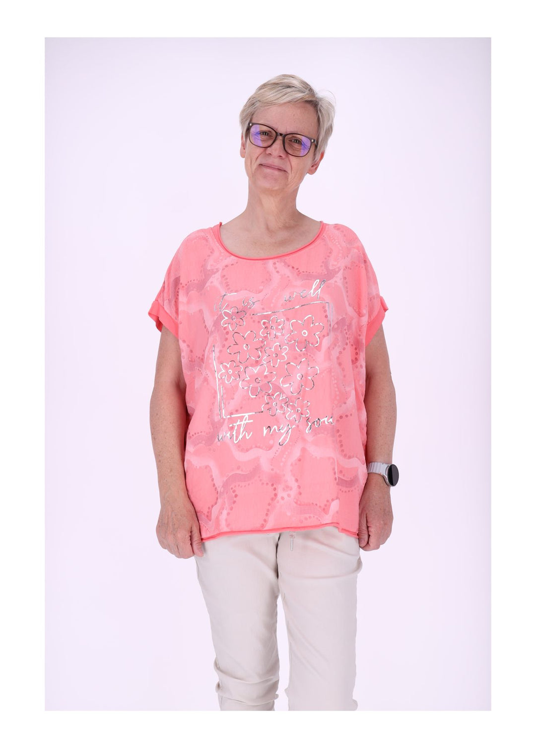 T-Shirt Damen Materialmix Print vorn