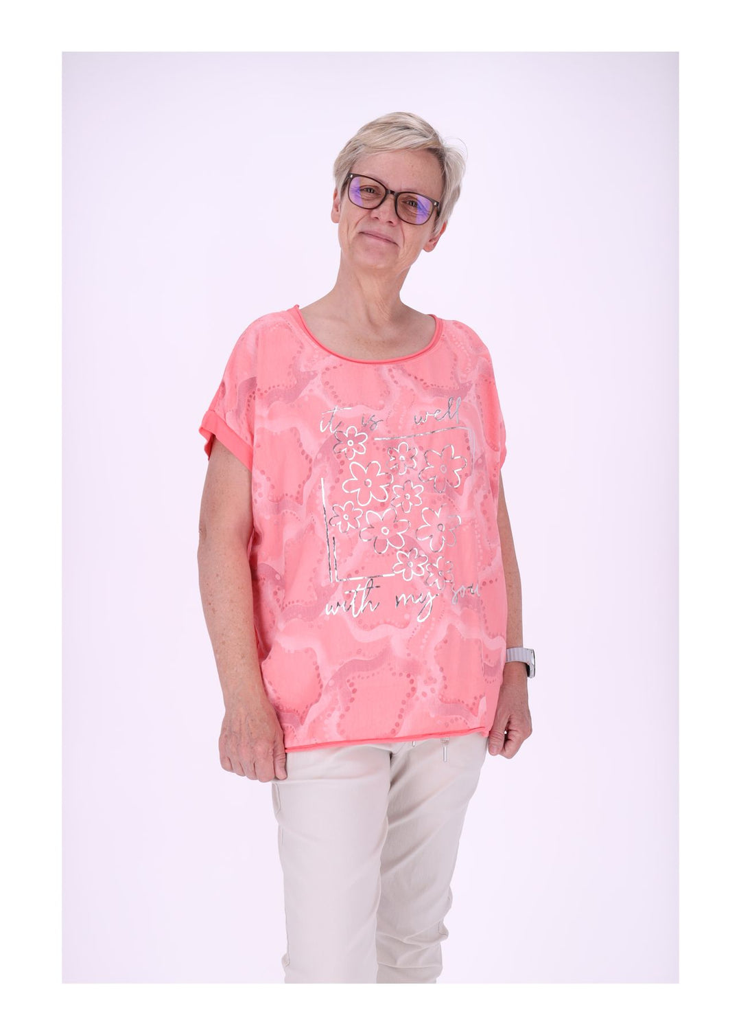T-Shirt Damen Materialmix Print vorn