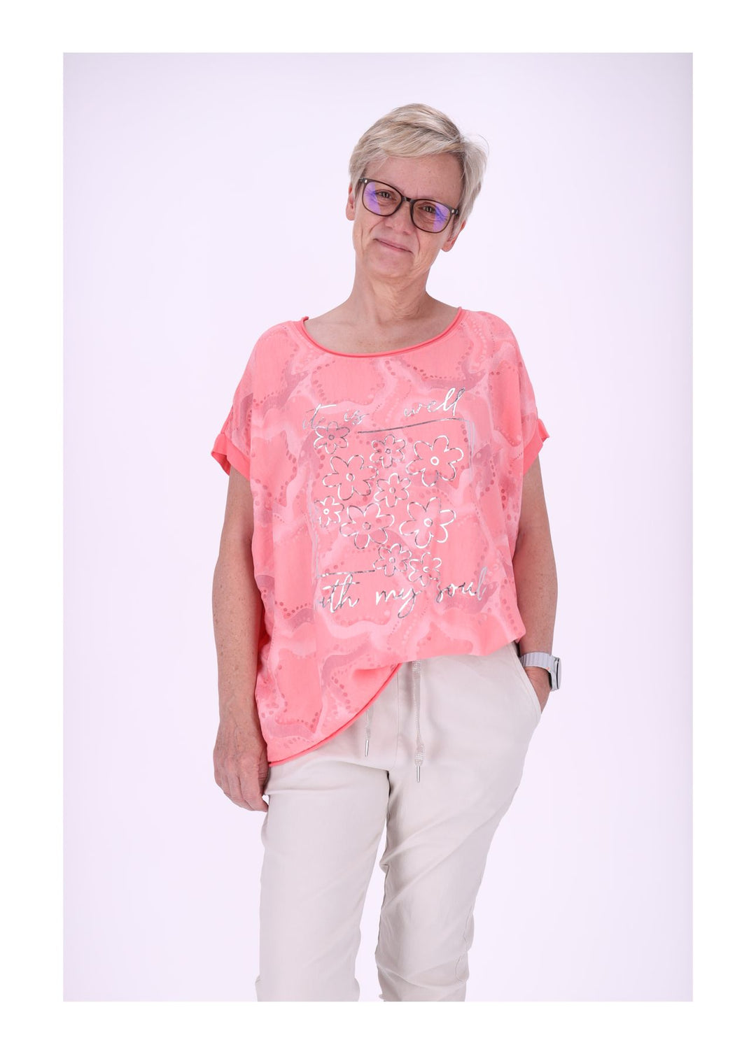 T-Shirt Damen Materialmix Print vorn