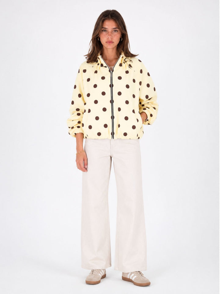 Leichte Damenjacke in Gelb mit braunen Polka Dots