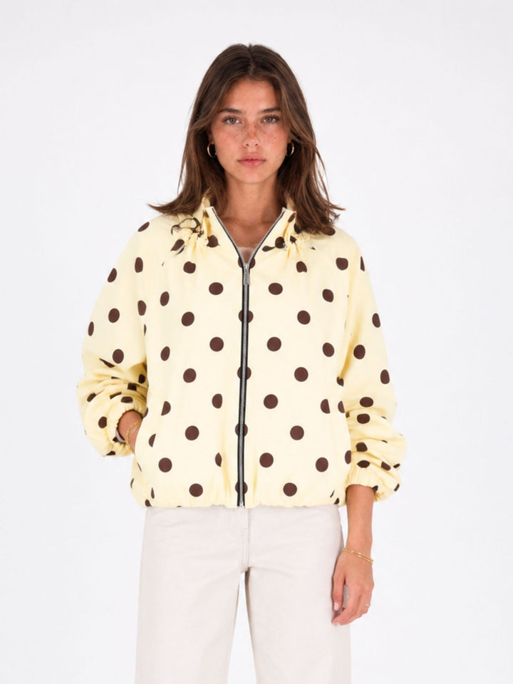 Leichte Damenjacke in Gelb mit braunen Polka Dots