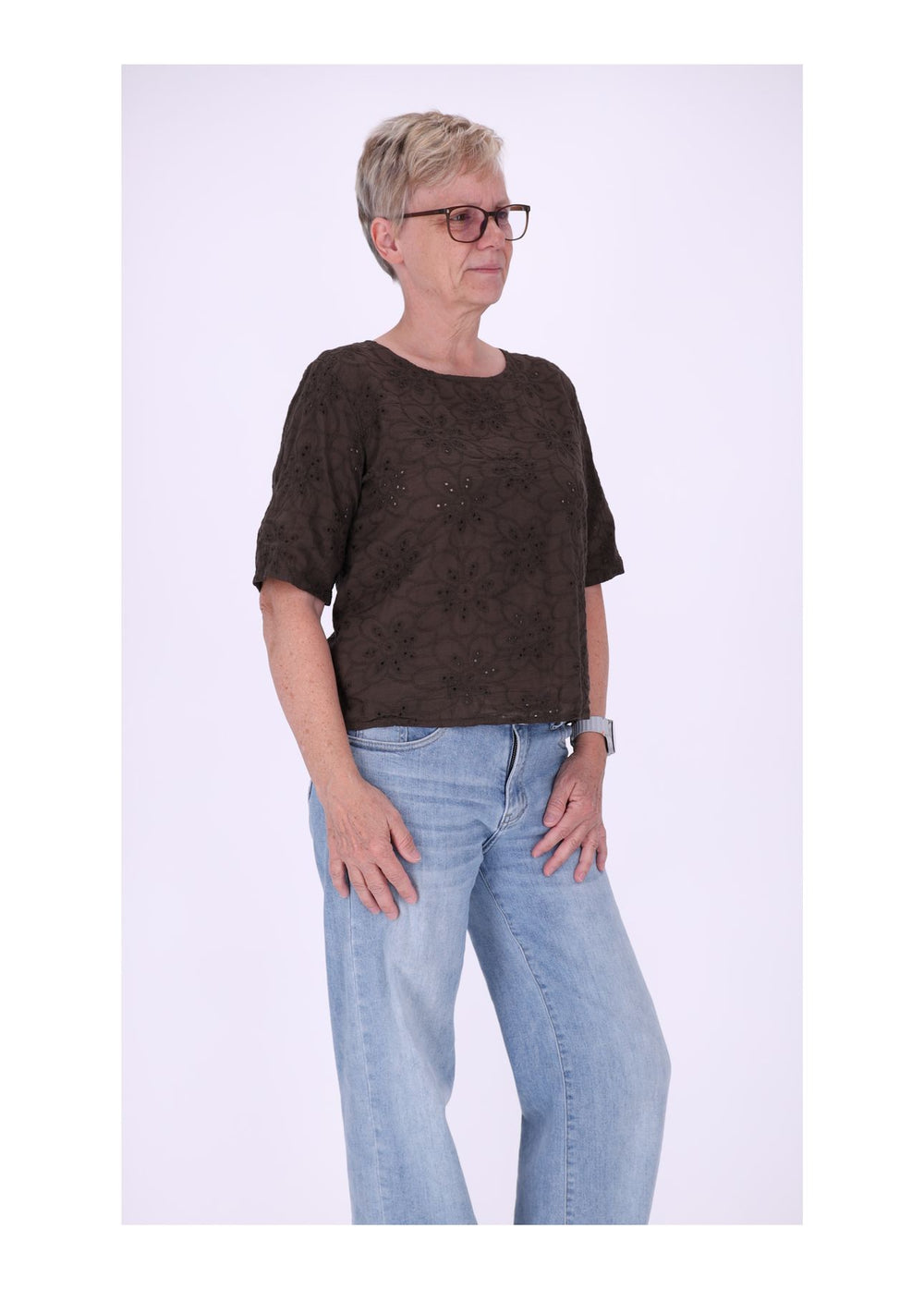 T-Shirt Damen Lochmusterhinten geknöpft