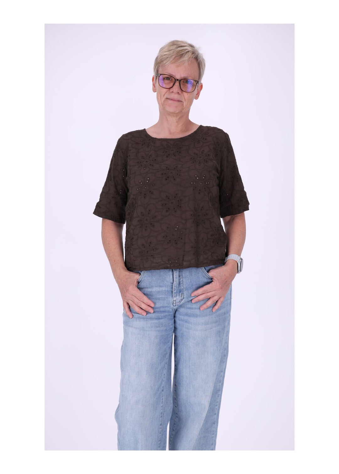 T-Shirt Damen Lochmusterhinten geknöpft